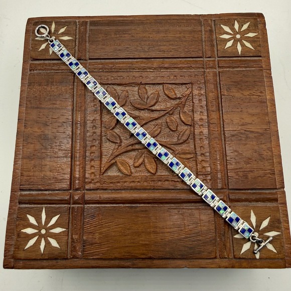 Jewelry - Sterling Silver Blue Opal and Lapis Checker Square Link Bracelet Geometric 925